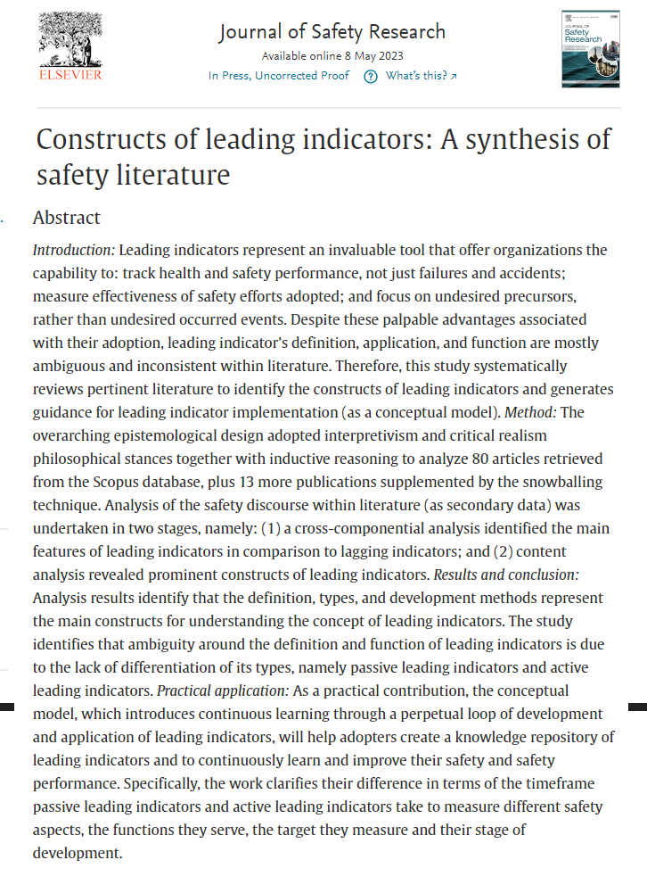 Constructs of leading indicators: A synthesis of safety literature ...