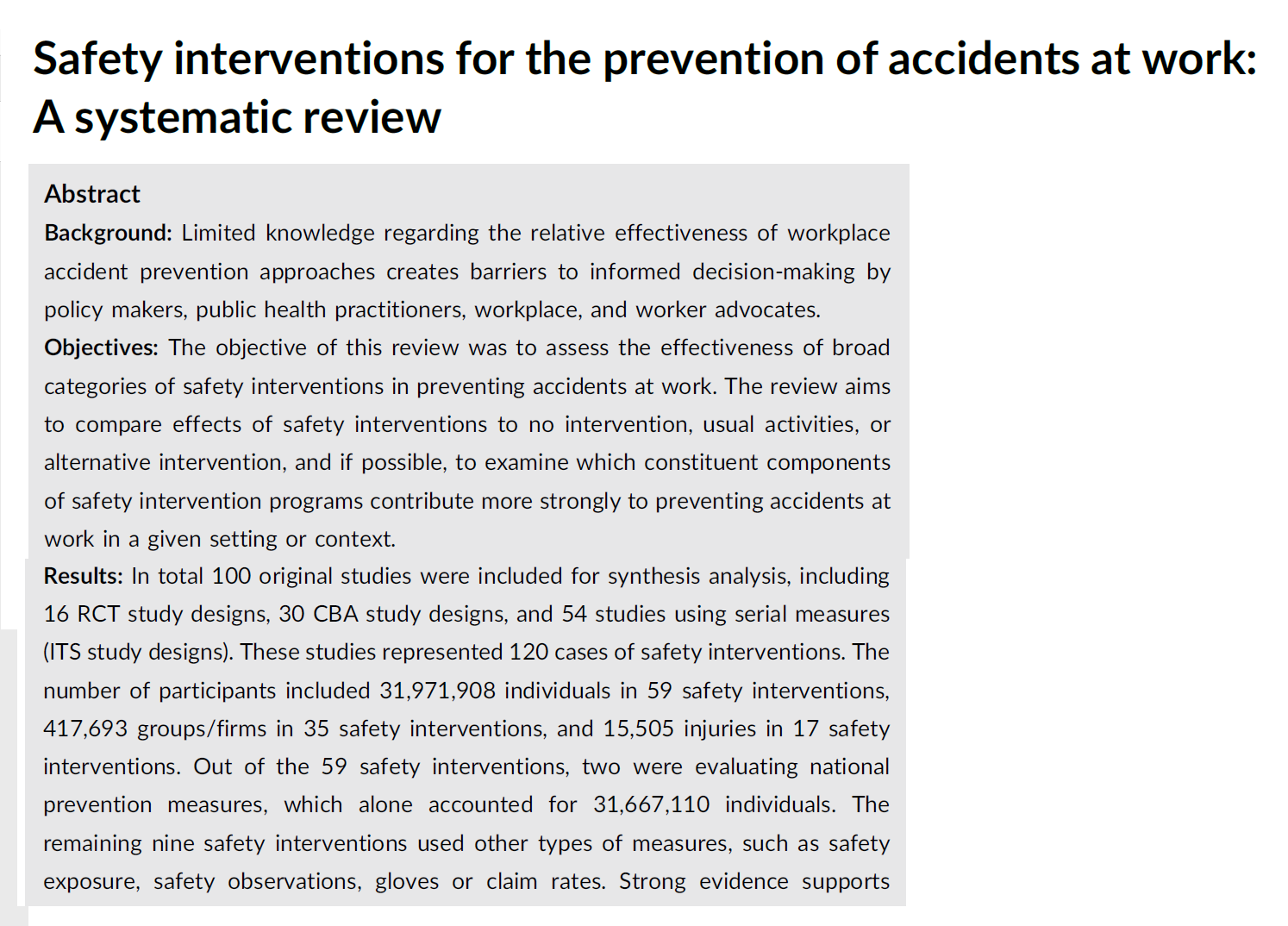 Safety interventions for the prevention of accidents at work: A ...