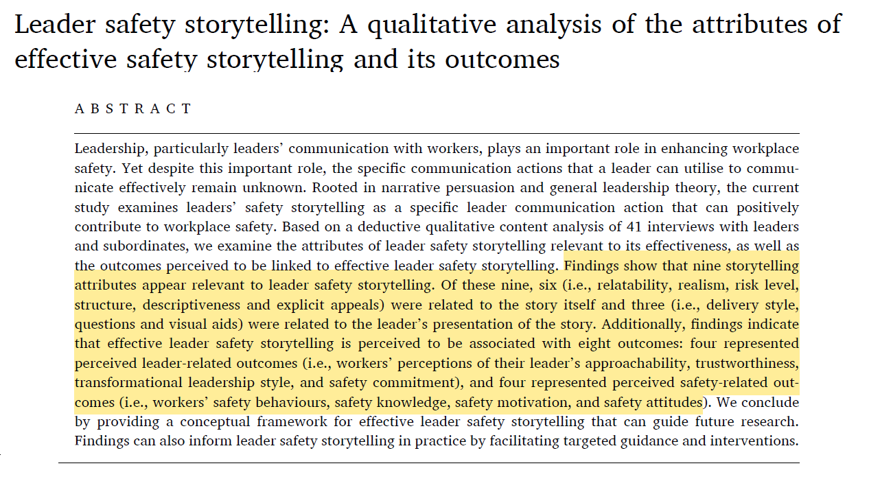 Leader safety storytelling: A qualitative analysis of the attributes of ...