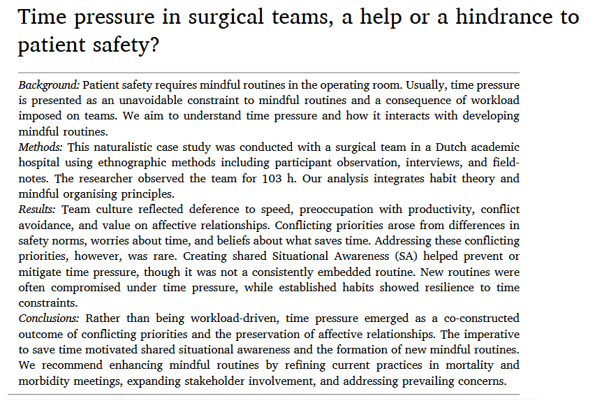Time pressure in surgical teams, a help or a hindrance to patient&nbsp;safety?