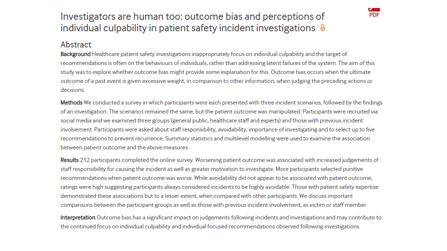Investigators are human too: outcome bias and perceptions of individual culpability in patient safety incident&nbsp;investigations