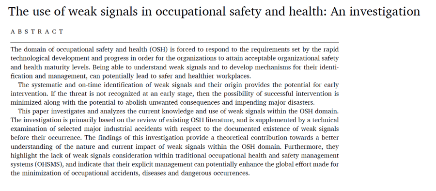 The use of weak signals in occupational safety and health: An&nbsp;investigation