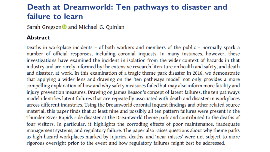 Death at Dreamworld: Ten pathways to disaster and failure to&nbsp;learn