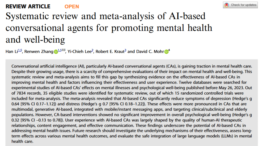 Systematic review and meta-analysis of AI-based conversational agents for promoting mental health and&nbsp;well-being