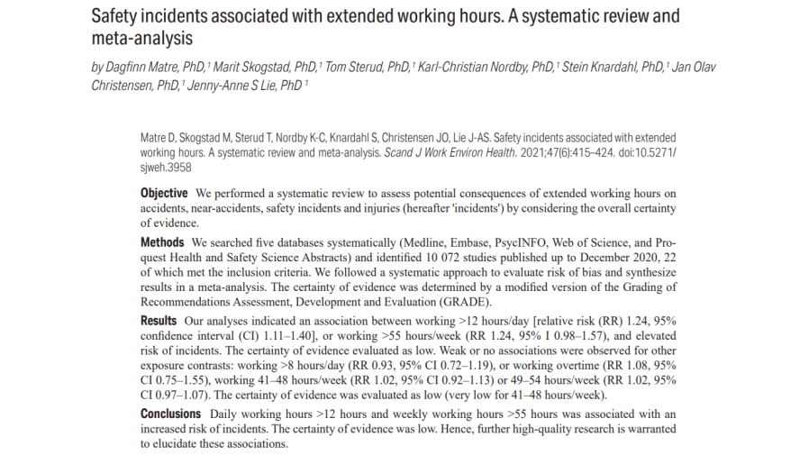 Safety incidents associated with extended working hours. A systematic review and&nbsp;meta-analysis