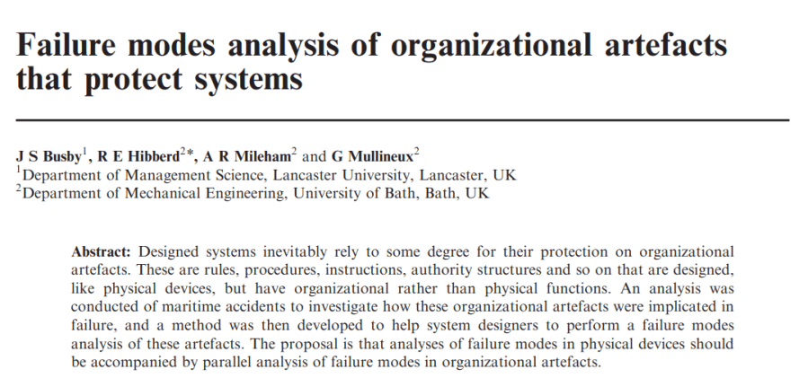 Failure modes analysis of organizational artefacts that protect&nbsp;systems