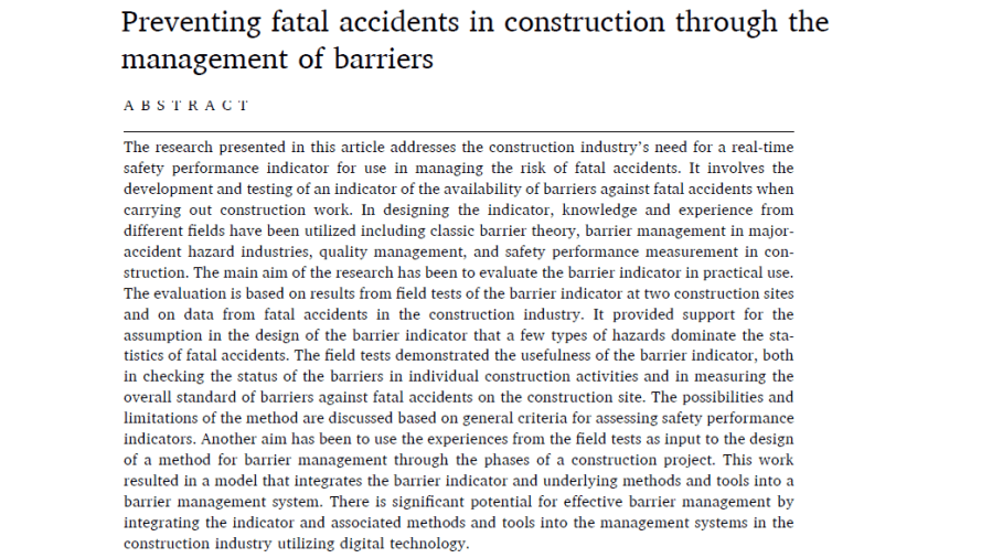 Preventing fatal accidents in construction through the management of&nbsp;barriers