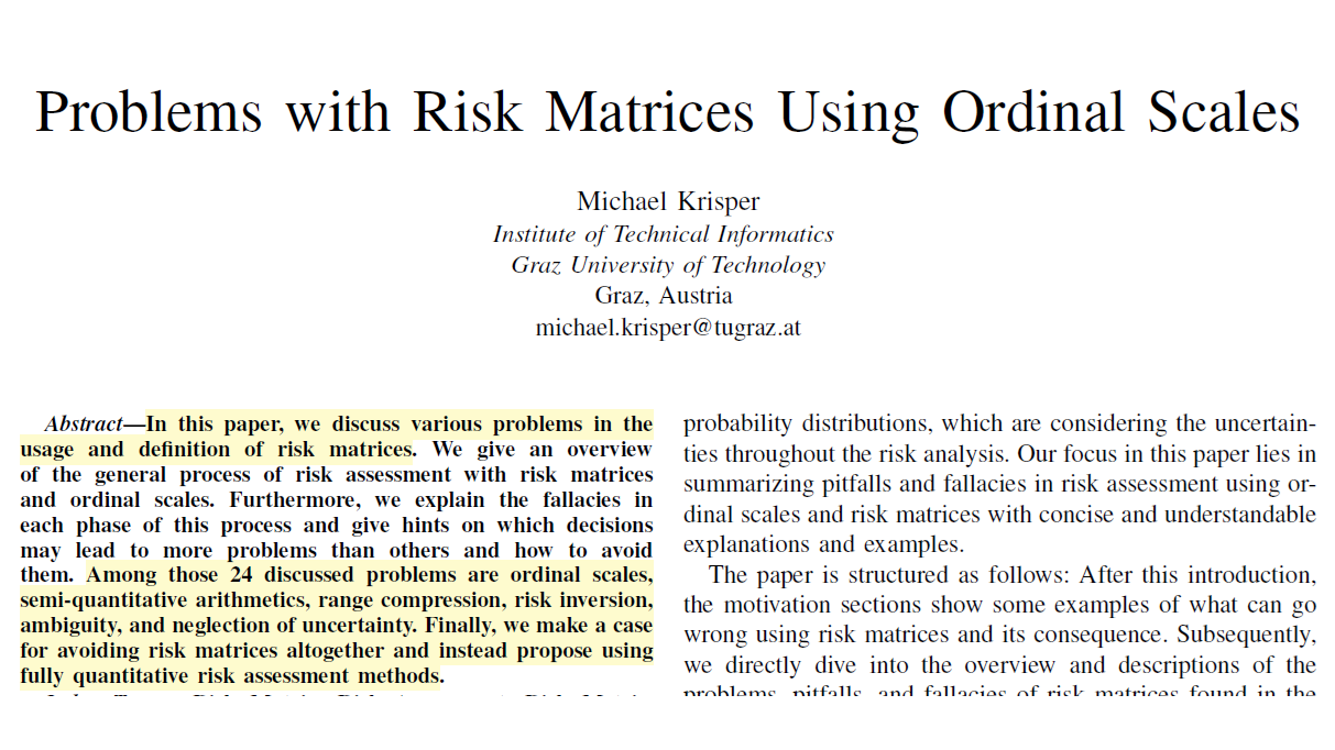 Problems with Risk Matrices Using Ordinal Scales – SafetyInsights.org