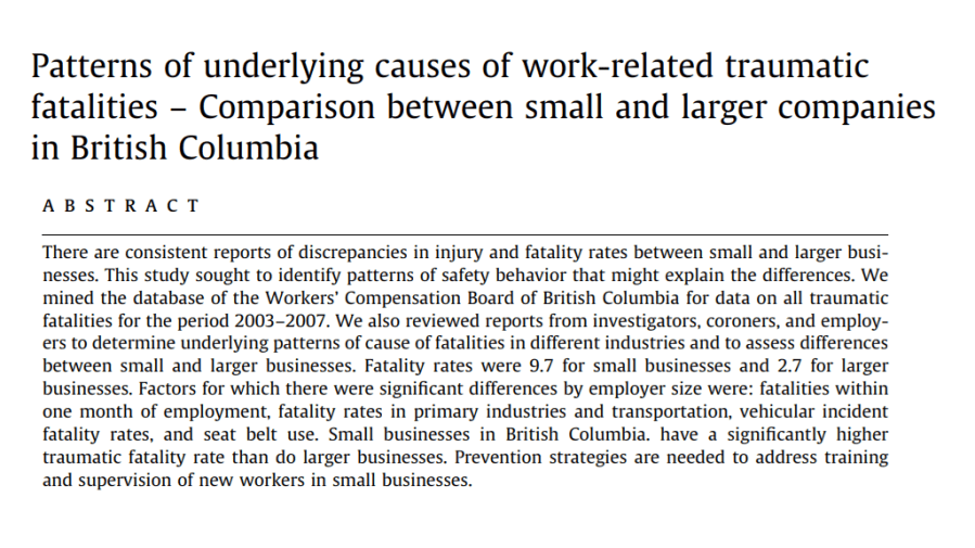 Patterns of underlying causes of work-related traumatic fatalities – Comparison between small and larger companies in British&nbsp;Columbia