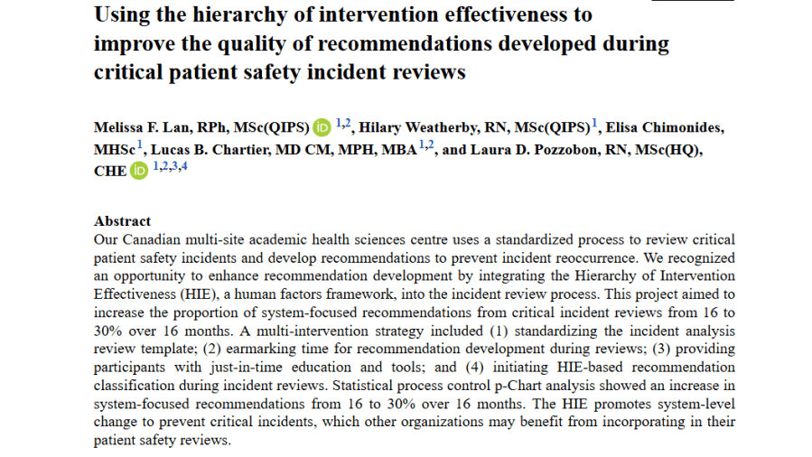Using the hierarchy of intervention effectiveness to improve the quality of recommendations developed during critical patient safety incident&nbsp;reviews