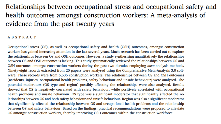 Relationships between occupational stress and occupational safety and health outcomes amongst construction workers: A meta-analysis of evidence from the past twenty&nbsp;years