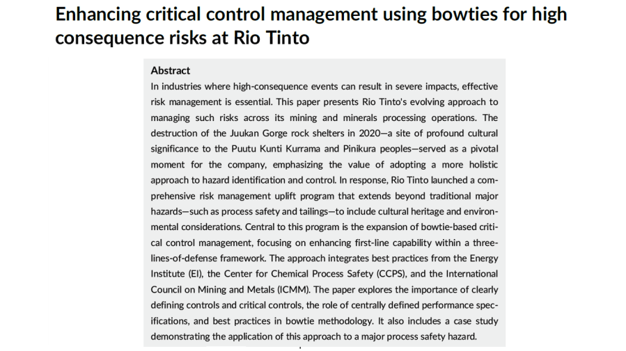Enhancing critical control management using bowties for high consequence risks at Rio&nbsp;Tinto