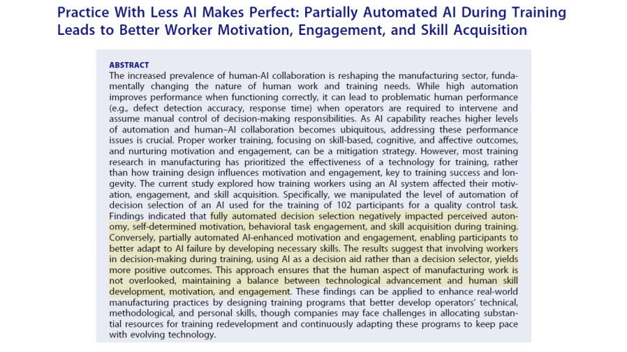 Practice With Less AI Makes Perfect: Partially Automated AI During Training Leads to Better Worker Motivation, Engagement, and Skill&nbsp;Acquisition