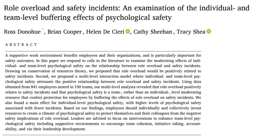 Role overload and safety incidents: An examination of the individual- and team-level buffering effects of psychological&nbsp;safety