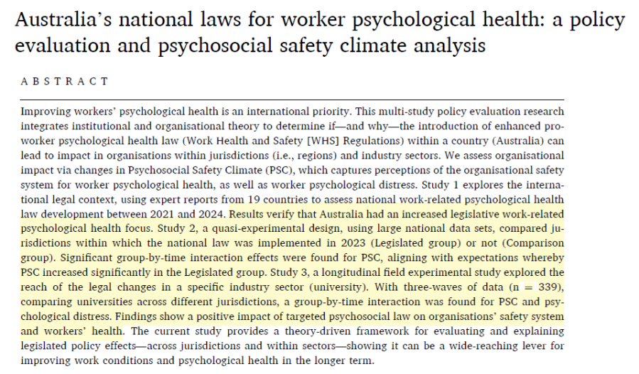 Australia’s national laws for worker psychological health: a policy evaluation and psychosocial safety climate&nbsp;analysis