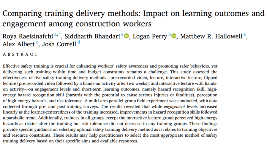 Comparing training delivery methods: Impact on learning outcomes and engagement among construction&nbsp;workers