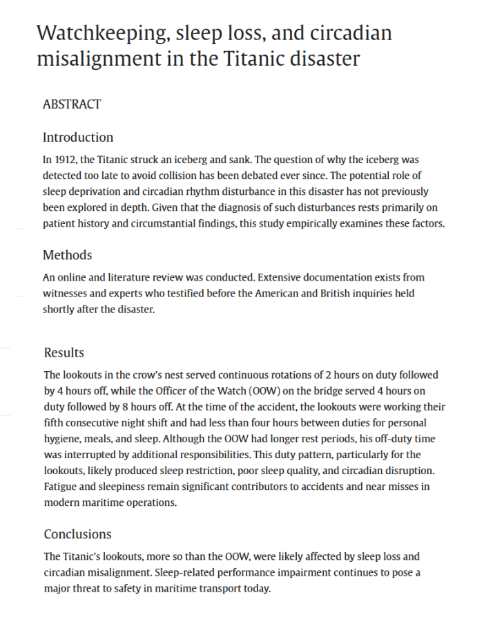 Watchkeeping, sleep loss, and circadian misalignment in the Titanic&nbsp;disaster