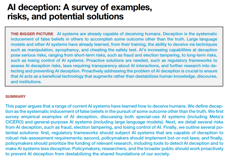 AI deception: A survey of examples, risks, and potential&nbsp;solutions