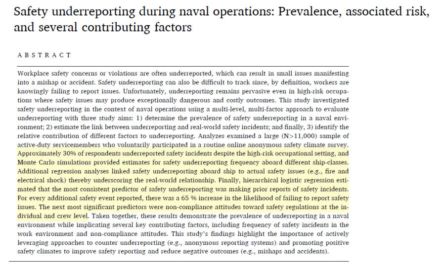 Safety underreporting during naval operations: Prevalence, associated risk, and several contributing&nbsp;factors