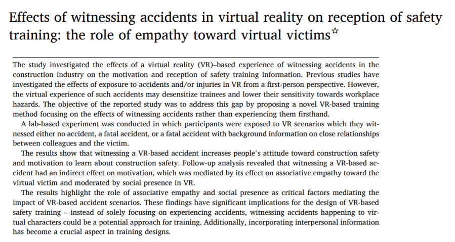 Effects of witnessing accidents in virtual reality on reception of safety training: the role of empathy toward virtual&nbsp;victims