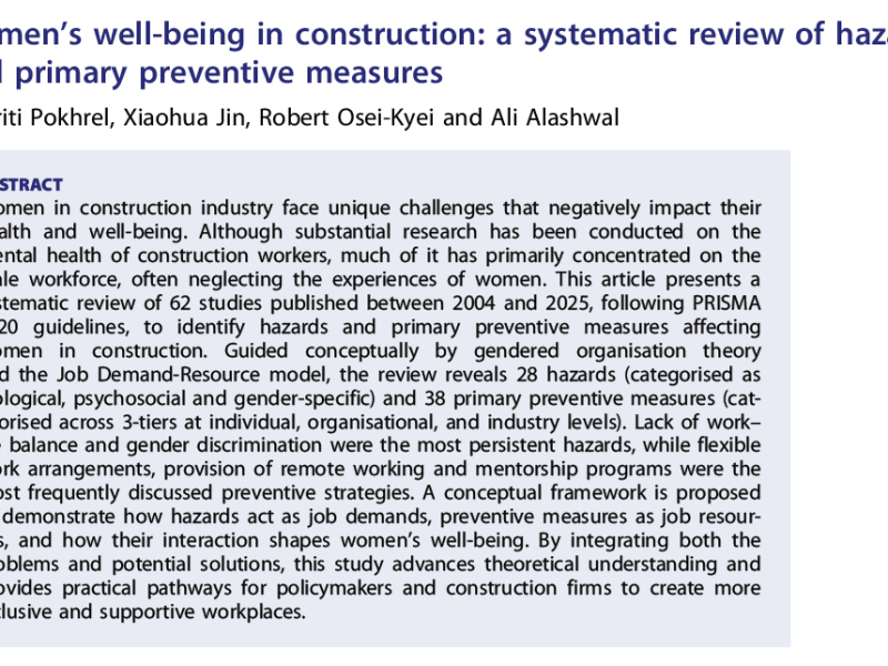Women’s well-being in construction: a systematic review of hazards and primary preventive&nbsp;measures