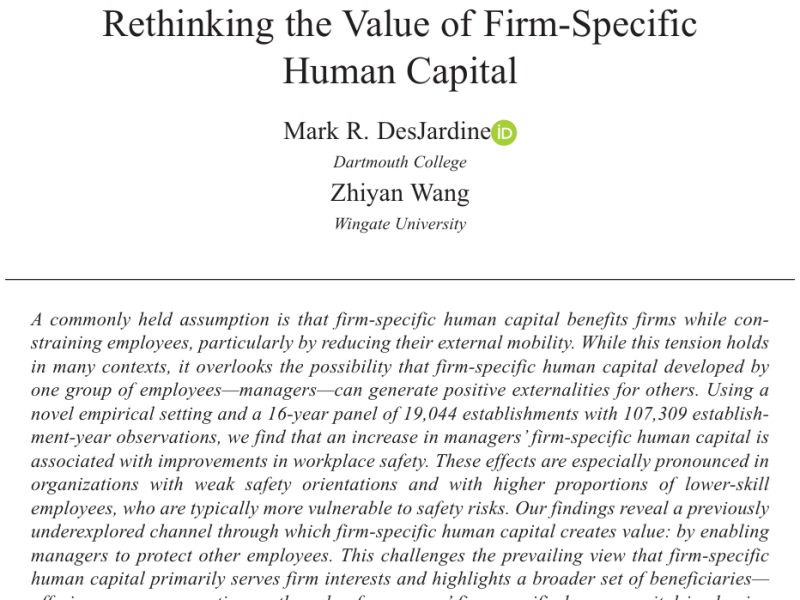 When Managers Stay, Workers Are Safer: Rethinking the Value of Firm-Specific Human&nbsp;Capital