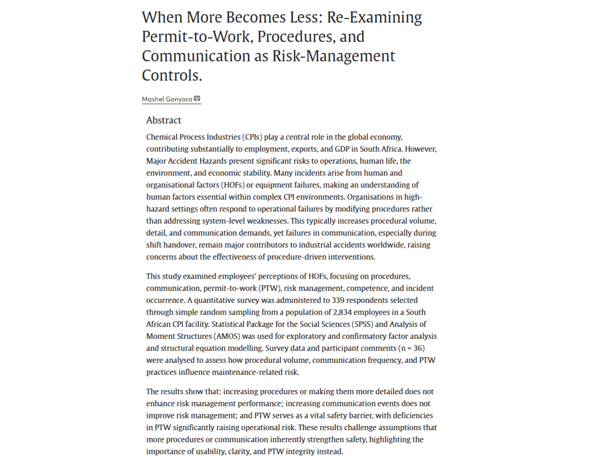 When More Becomes Less: Re-Examining Permit-to-Work, Procedures, and Communication as Risk-Management&nbsp;Control
