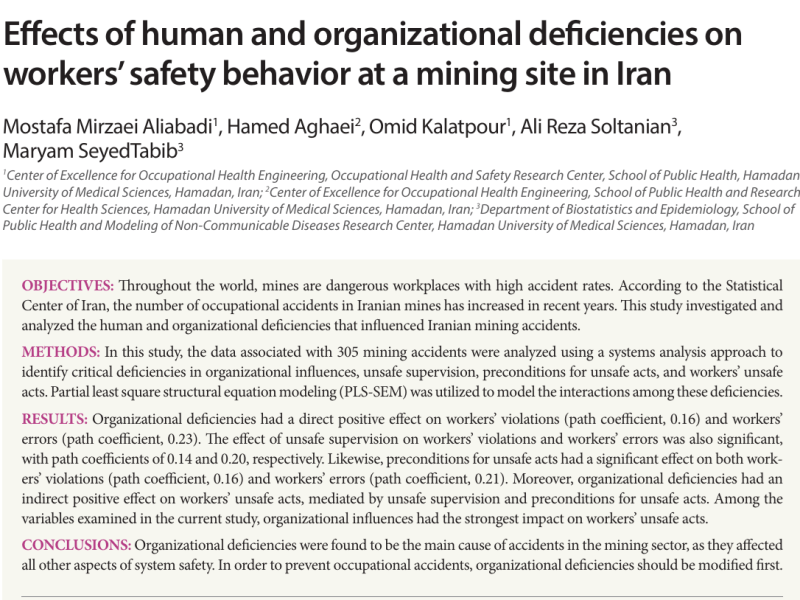 Effects of human and organizational deficiencies on workers’ safety behavior at a mining site in&nbsp;Iran