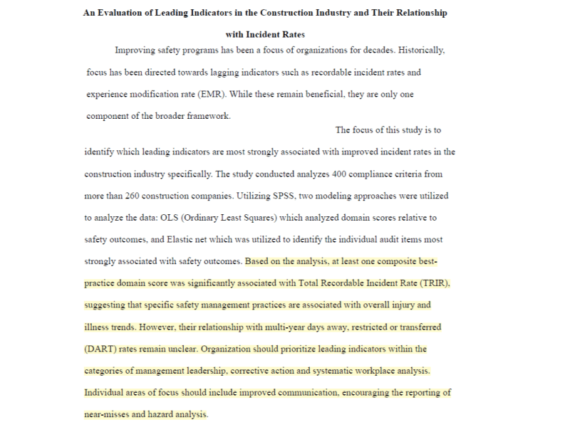 An Evaluation of Leading Indicators in the Construction Industry and Their Relationship with Incident&nbsp;Rates