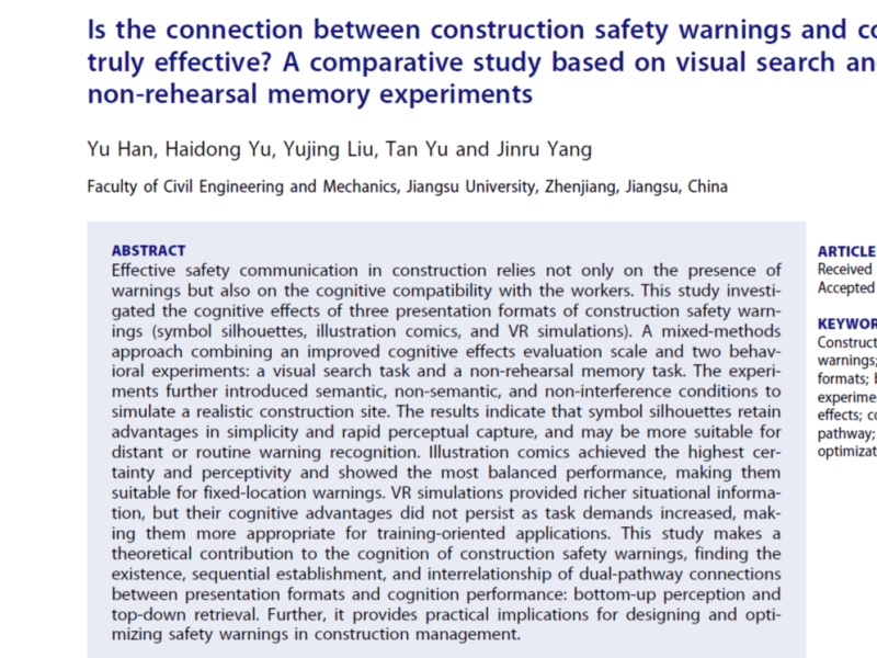 Is the connection between construction safety warnings and cognition truly effective? A comparative study based on visual search and non-rehearsal memory&nbsp;experiments