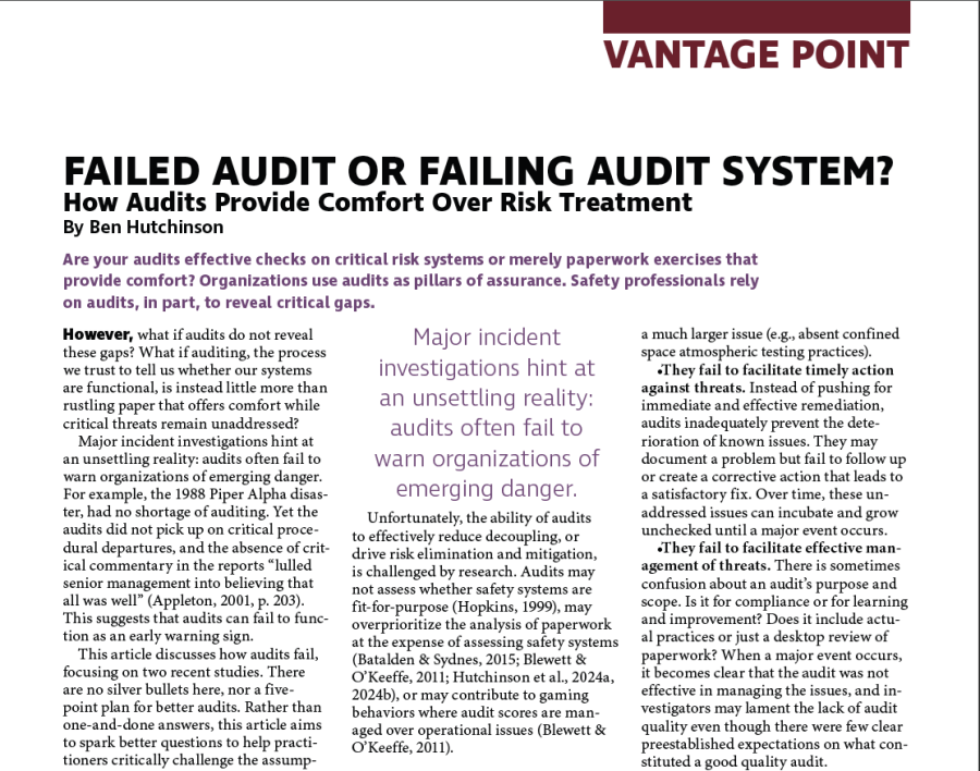 My new paper: Failed audit or failing audit system? From Professional Safety /&nbsp;ASSP