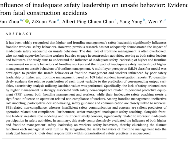 Influence of inadequate safety leadership on unsafe behavior: Evidence from fatal construction&nbsp;accident