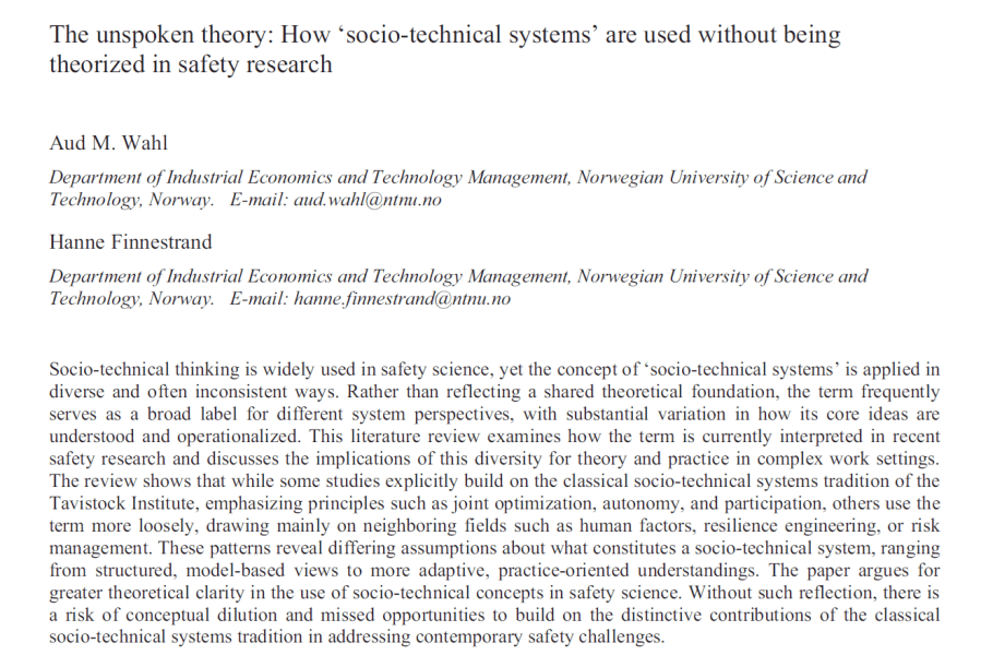 The unspoken theory: How ‘socio-technical systems’ are used without being theorized in safety&nbsp;research