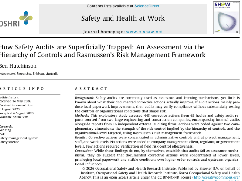 My new study: How Safety Audits are Superficially Trapped: An Assessment via the Hierarchy of Controls and Rasmussen’s Risk Management&nbsp;Framework