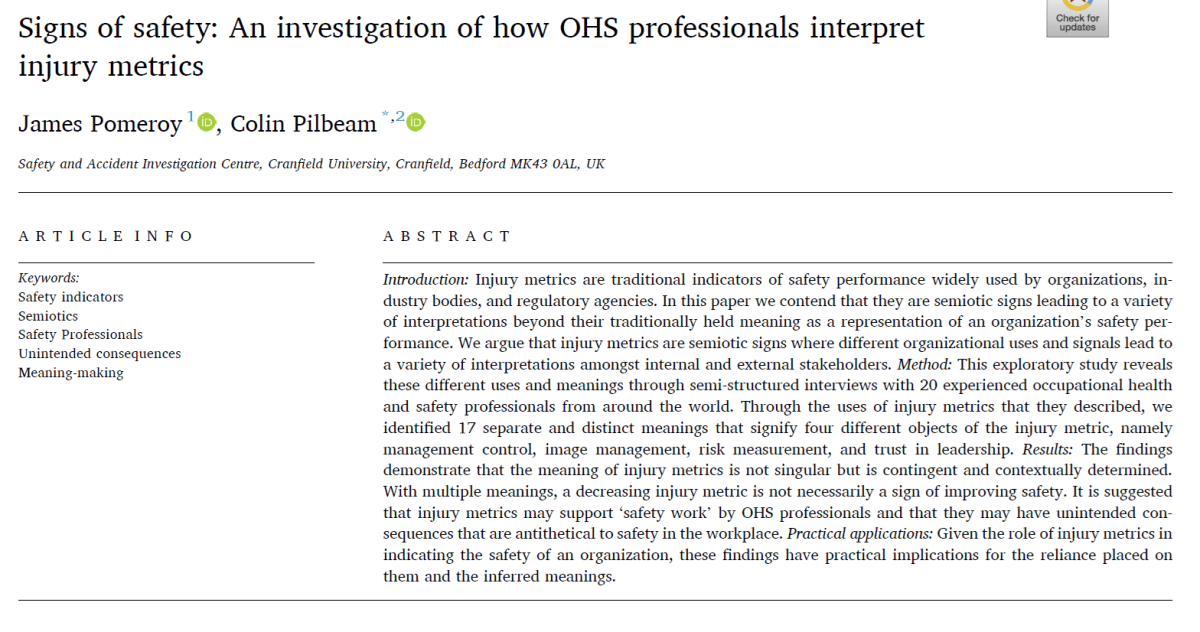 Signs of safety: An investigation of how OHS professionals interpret injury&nbsp;metrics