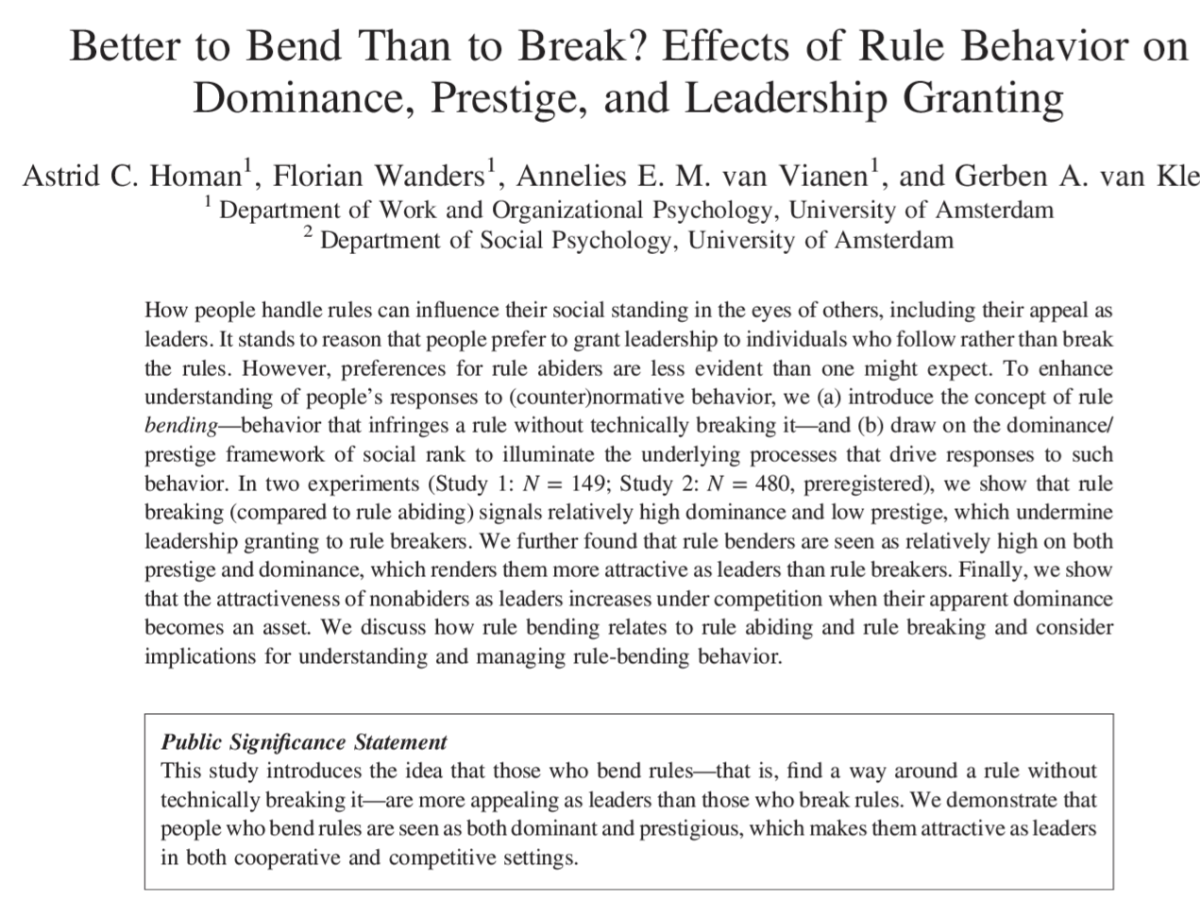 Better to Bend Than to Break? Effects of Rule Behavior on Dominance, Prestige, and Leadership&nbsp;Granting