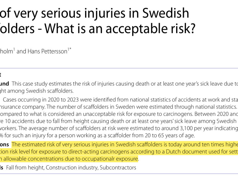 SIF construction fall from height risk 10x higher than occupational health exposure limit – Swedish&nbsp;study